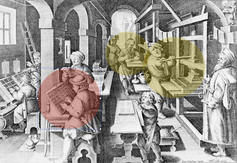 The interior of an early modern print shop, depicting a compositor setting type. To the right of the compositor, a man is applying ink to the forme. To the right of this man, another man is working the press.